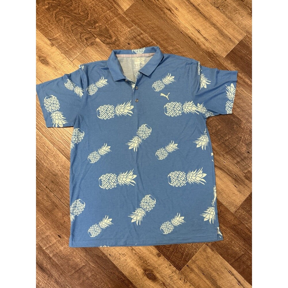 Puma Golf Polo Shirt (Men’s Large) Short Sleeve Blue Pineapples Print Stretch
